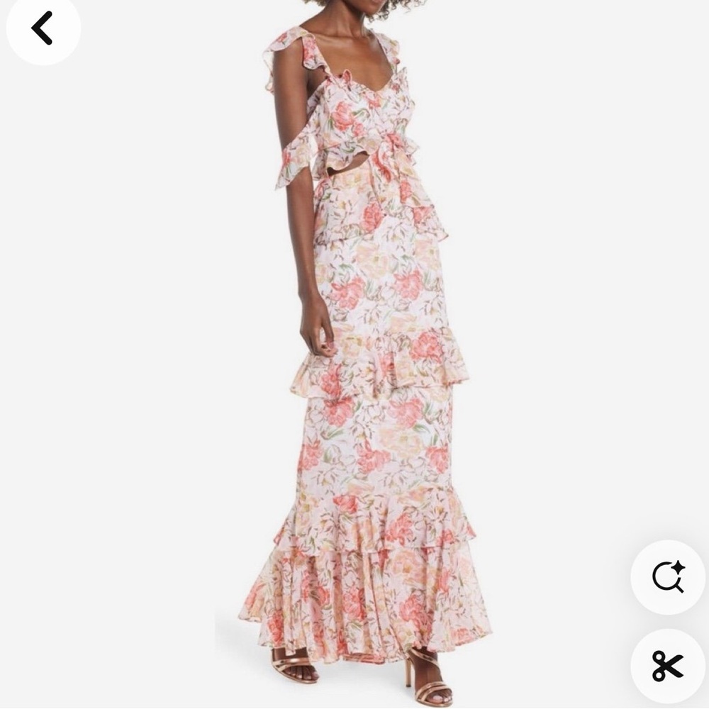 Wayf Pink Floral Ruffle Maxi Dress